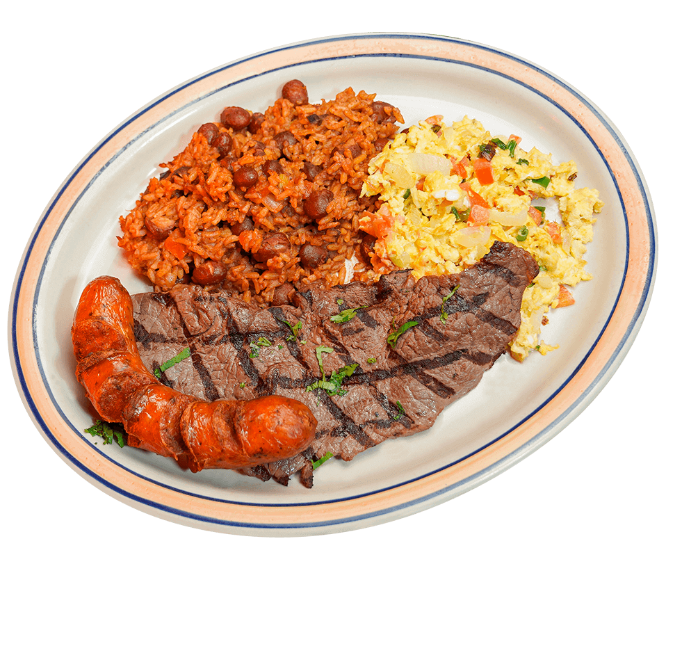 Arroz mixto y frijoles, carne a la parrilla, salchicha